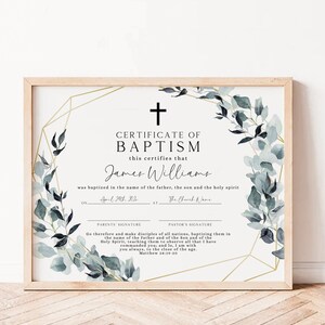 Gold geometric & dark green eucalyptus Certificate of Baptism boy/girl template, child dedication certificate, religious certificate - C499