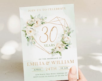 30th wedding anniversary invitation printable, boho white floral geometric  anniversary invite, any yearh invite, golden number invite -C246