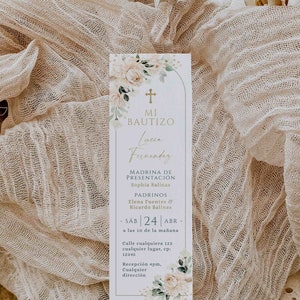 Boho white flowers personalized gift prayer card for baptism girl spanish template, floral tarjeta de oraciones  bautizo niña en español -C4
