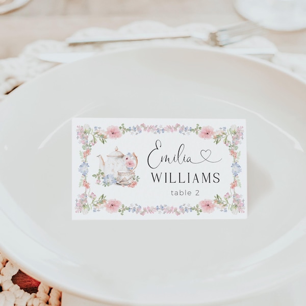 Tea party bridal shower seating cards template, flat place card for wedding shower party, pink blue wildflowers rustic style place card-С454
