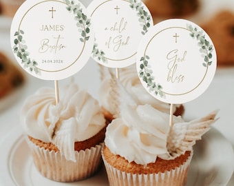 Personalised round neutral greenery cupcake toppers baptism  printable, labels with eucalyptus leaves on a golden circle, party decor -C036