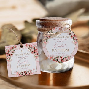 Gold pink baptism girl template thank you tag, frame boho hot pink garden flowers baptism favor tags, round square gift tags baptism - C172