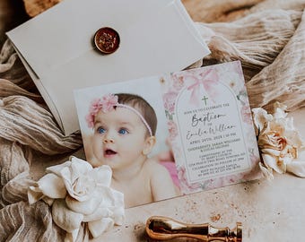 Boho pink flowers baptism girl invitation printable with photo, pink peonies and bow christening girl invite,  baptism party invite - C441g