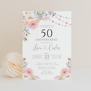 Boho colorful wildflowers 50th wedding anniversary editable spanish invitation, fiesta invitación 50 aniversario de bodas en español - C479