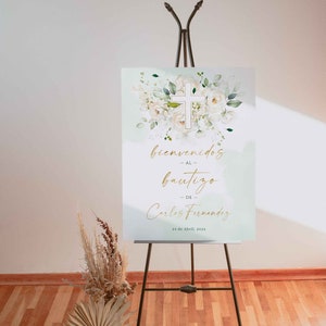 White cross & airy flowers baptism boy/girl welcome poster in spanish editable, póster de bienvenida de bautismo con flores en español - C11