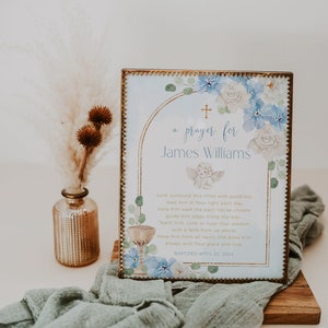 Gold arch blue white flowers baptism boy prayer sign printable, boho religious prayer card, gift prayer sign boy dedication with angel -C170