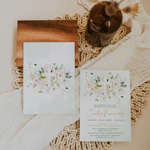 Bohemian christening boy/girl invitation in spanish template, airy white flowers baptism invite decor, invitación bautizo en español - C11