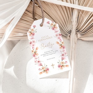 Bautizo gracias tags impremible en español, bohemian floral gift tags for baptism in spanish, wildflowers girl christening favor tags - C289
