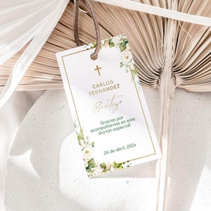 Printable spanish baptism favor tag, mi bautizo thank you tags spanish etiquetas con flores, marco de oro gracias tags bautizo espanol -C019