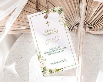 Printable spanish baptism favor tag, mi bautizo thank you tags spanish etiquetas con flores, marco de oro gracias tags bautizo espanol -C019