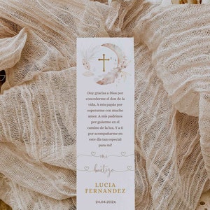 Bohemian christening boy girl bookmark in spanish template, gold cross bookmark keepsake baptism, marcapáginas libro bautizo en español -C21