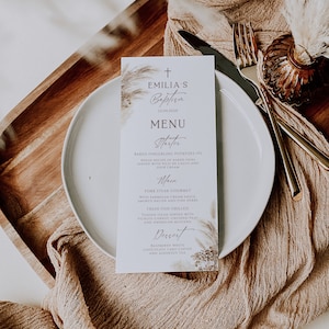 Minimalistic beige pampas grass for the baptism boy girl menu decoration, editable fall baptism menu, personalised christening menu - C216