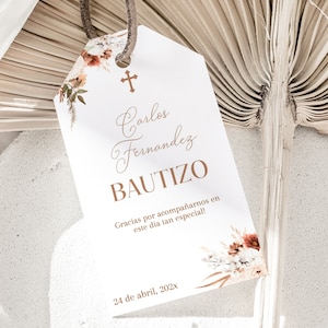 Rectangular fall baptism boy girl thank you tag spanish printable, boho floral baptism favor tags, bautizo gracias etiquetas en español -C29