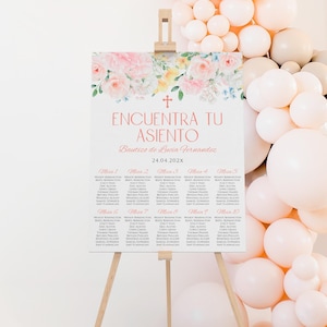 Girl baptism party seating chart with summer watercolor colorful flowers spanish editable, plano de asientos bautizo niña en español - C504