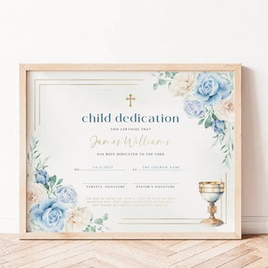 Boho Child Dedication Certificate template, certificate of baptism boy with watercolor blue white roses, baby dedication keepsake - C304