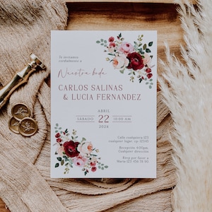 Bright burgundy pink flowers boho wedding invitation spanish template, invitación de boda flores burdeos español, wedding party invite -C389