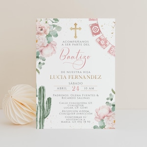 Pink floral & cactus baptism girl mexican themed boho invitation template spanish, invitación mexicana celebración bautizo en español - C465
