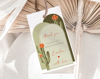 Boho arch green tone bridal shower favor tag template, Arizona desert blooming cactus thank you gift tags, mexican showering tags - C137