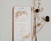 Electronic wedding invitation template, online invitations with dusty pink flowers, boho wedding digital invitations, phone SMS text - C156