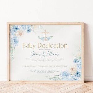Editable Baby Dedication baptism certificate, blue air roses & golden letters baptism boy religious sertificate, dedication keepsake - C306