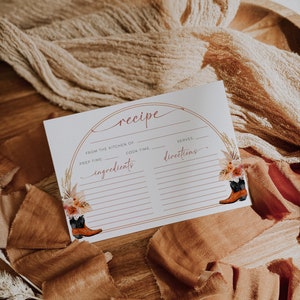 Cowgirl boots bridal shower template recipe card, autumn floral bridal recipe card, western recipe bridal shower card, cookbook card - C134