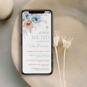 Blue beige roses boho baptism boy phone invitation spanish editable, bohemio floral para teléfono invitación de bautizo niño en español -C15