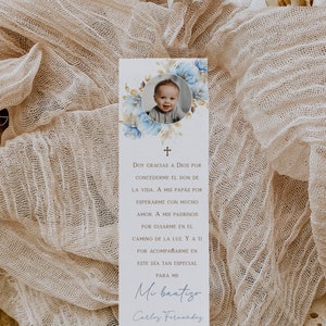 Mi bautizo para niño tarjeta de oración editable en español, bookmark dekorated blue waterkolor baptism boy with photo in spanish -C038
