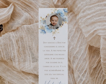Mi bautizo para niño tarjeta de oración editable en español, bookmark dekorated blue waterkolor baptism boy with photo in spanish -C038