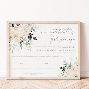 White floral & greenery Certificate of Marriage in memory, boho wedding certificate template, floral custom gift marriage certificate - C328