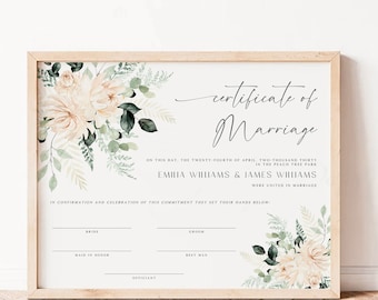 White floral & greenery Certificate of Marriage in memory, boho wedding certificate template, floral custom gift marriage certificate - C328