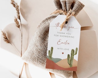 Desert bridal shower favor tag template, gift tag decorated mexican watercolor cactus, succulent desert, couples fiesta thank you tags -C132