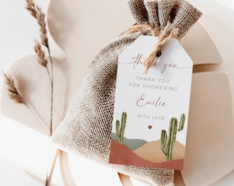Desert bridal shower favor tag template, gift tag decorated mexican watercolor cactus, succulent desert, couples fiesta thank you tags -C132