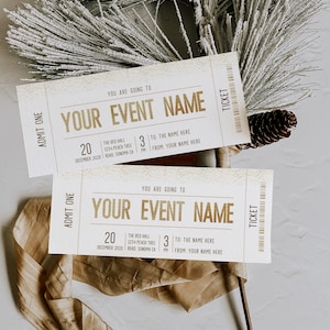 Editable gold gift certificate for events, surprise event ticket, movie ticket template, concert gift, fake ticket сhristmas show or event