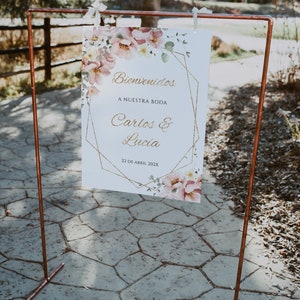 Boho spanish wedding welcome sign template, bienvenidos a nuestra boda en español, pink flowers geometric gold frame wedding poster - C180