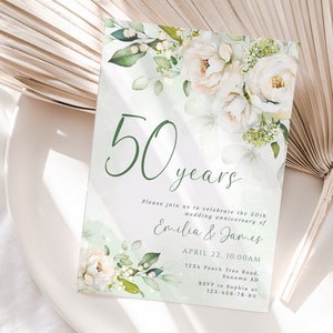 Editable 50years wedding anniversary card with boho watercolor white flowers, 50th wedding party invite green tone, vow renewal invite -C237