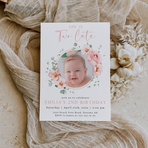 She is TWO CUTE, personalized girl's 2nd birthday photo invites printable, boho pink flowers birthday party invite, second bday invite -C372