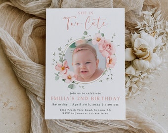 She is TWO CUTE, personalized girl's 2nd birthday photo invites printable, boho pink flowers birthday party invite, second bday invite -C372