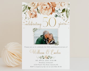 50th wedding anniversary invitation with photo, gold anniversary invitation template, watercolor beige flowers wedding invitation - C192-p