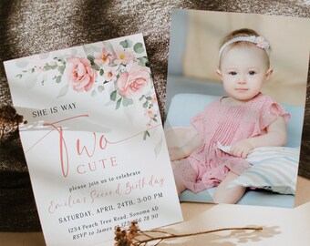 2nd Birthday Girl Party "She Is Way Two Cute" Invitation Printable: Modern Watercolor Blush Pink Floral -C370