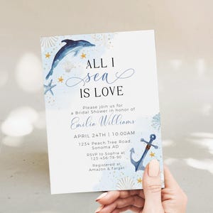 All I Sea is Love bridal shower invitation printable, blue ocean boho wedding shower invite, sea shells & dolphin bridal shower invite -C488