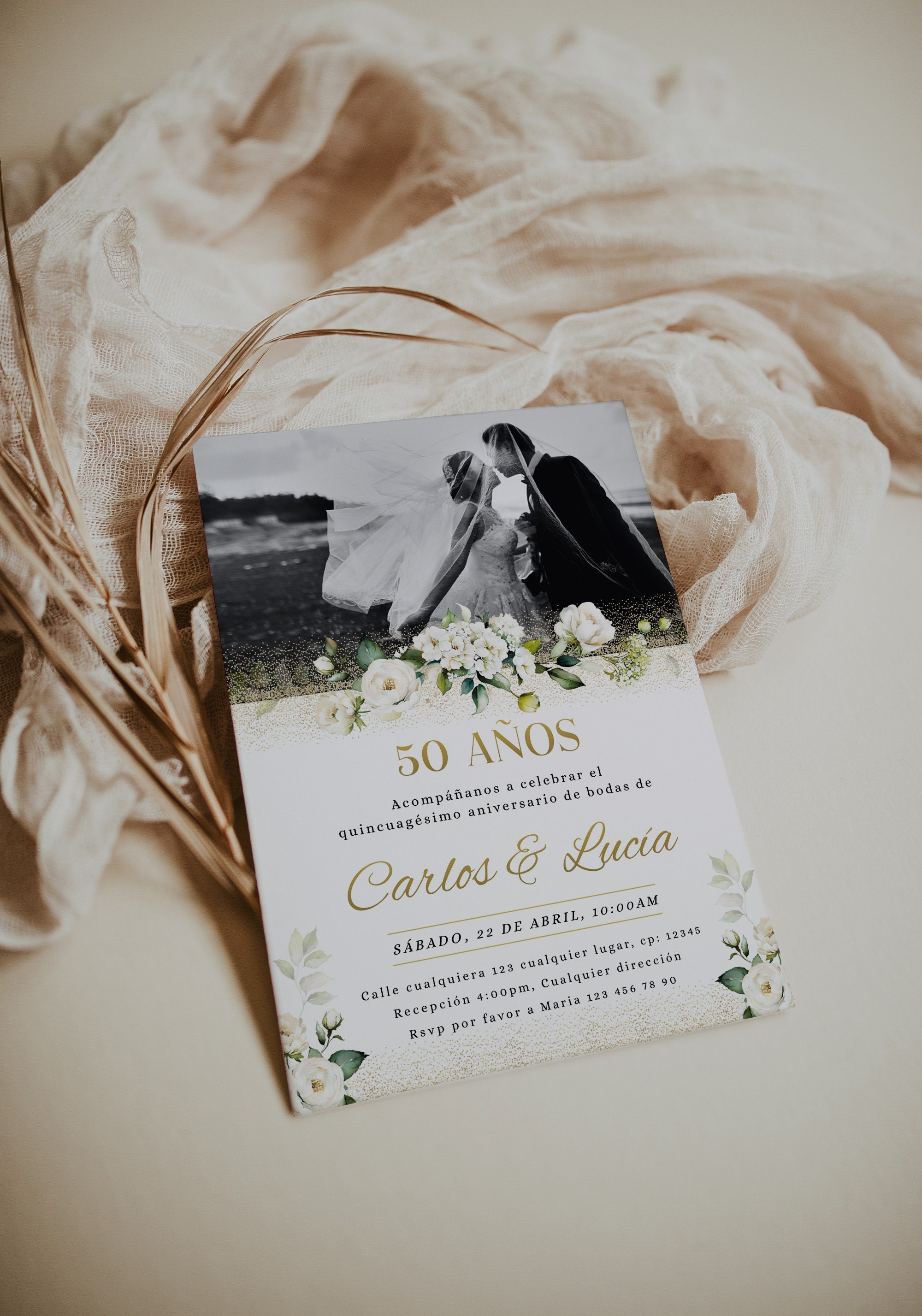 Invitación 50 Aniversario De Bodas En Español, Elegant Golden Anniversary  Photo Invitation Template, White Roses Anniversary Invite -C205 - Etsy  Israel, image size:2000x2855