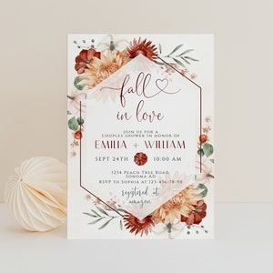 Fall in Love bridal party invite, autumn burnt orange flowers editable couples shower invitation, white pumpkins wedding shower invite -C418
