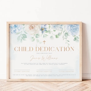 Child dedication certificate template, baptism certificate with watercolor blue pink roses, baby dedication keepsake, church baptism -C302