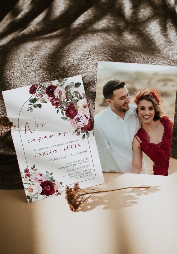 Nos Casamos invitación de boda con flores en español, editable burgundy flowers wedding invitation spanish, boho floral wedding invite -C380