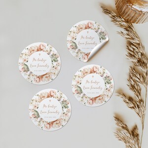 Blush pink floral religious stickers in spanish boho printable, personalized baptism girl round stickers, pegatina bautizo en español - C157