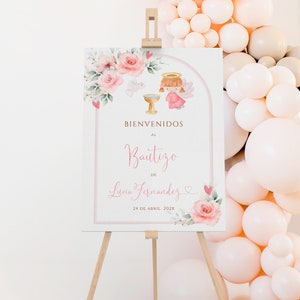 Blush pink spanish welcome sign for girl,rosa angel сartel bienvenida bautizo niña, personified christening welcome poster printable - C152