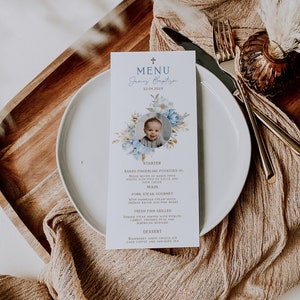 Editable boy baptism menu with photo, modern personalised christening menu, blue watercolor flowers decoration for the baptism menu -C039