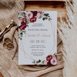 Burgundy wedding invitation spanish with flowers, invitaciones para boda en español, blush floral geometric gold frame wedding invite -C385
