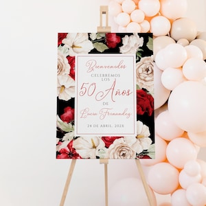 Editable spanish 50th birthday welcome sign, bright ruby white flowers modern adult  birthday welcome poster, póster de 50años español -C502