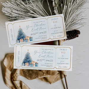 Christmas event ticket template, modern gift ticket show holiday, occasion ticket surprise custom invite, blue holiday invitation ticket